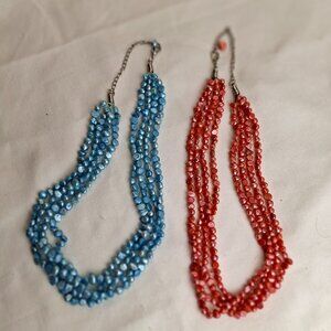 Set of Two Beaded Statement Necklaces Four Strands Pink and Blue